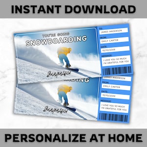 Modèle de billet de snowboard - bon cadeau de snowboard - carte de certificat de coupon de snowboard - modifiable - imprimable - personnalisé