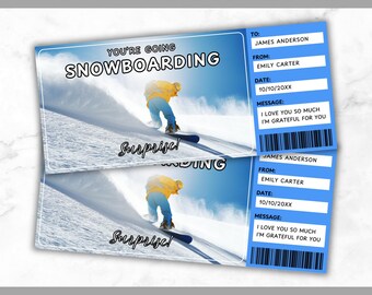 Snowboarding Ticket Template - Snowboarding Gift Voucher - Snowboard Coupon Certificate Card - Editable - Printable - Personalized