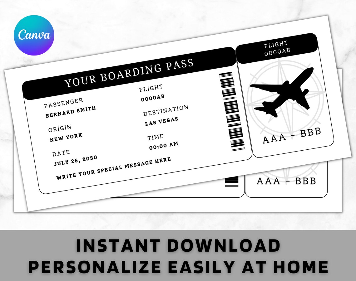Boarding Pass Ticket Template Printable Editable Birthday Surprise