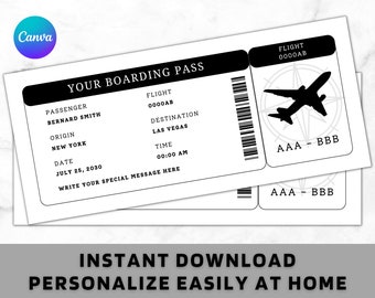 Boarding Pass Ticket Template - Printable Editable Birthday Surprise Airline Airplane Gift Ticket - Vacation, Holiday Ticket - Black & White