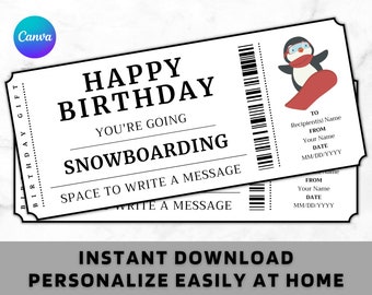 Birthday Snowboarding Gift Ticket - Birthday Snowboarding Gift Voucher Card Certificate - Printable Birthday Gift Template, Instant Download