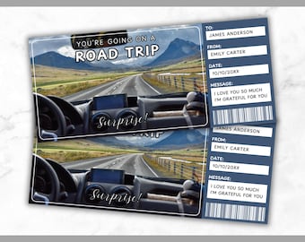 Road Trip Ticket Template - Weekend Away Gift Voucher Template - Weekend Surprise Trip Reveal Coupon Certificate Card - Editable - Printable