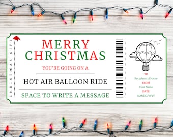 Christmas Hot Air Balloon Ride Gift Ticket - Christmas Hot Air Balloon Gift Card Certificate - Printable Xmas Gift Template Instant Download