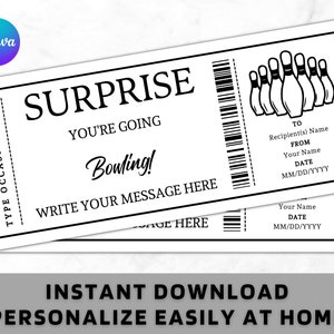 Surprise Bowling Ticket Certificate Voucher Card Template - Printable Any Occasion Gift Idea - Editable Indoor Ten Pin Bowling Coupon
