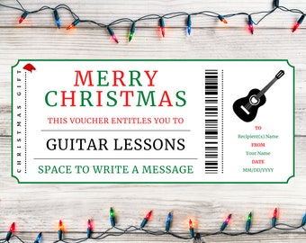 Christmas Guitar Lessons Gift Ticket - Christmas Guitar Lessons Gift Card Certificate - Printable Xmas Gift Template - Instant Download