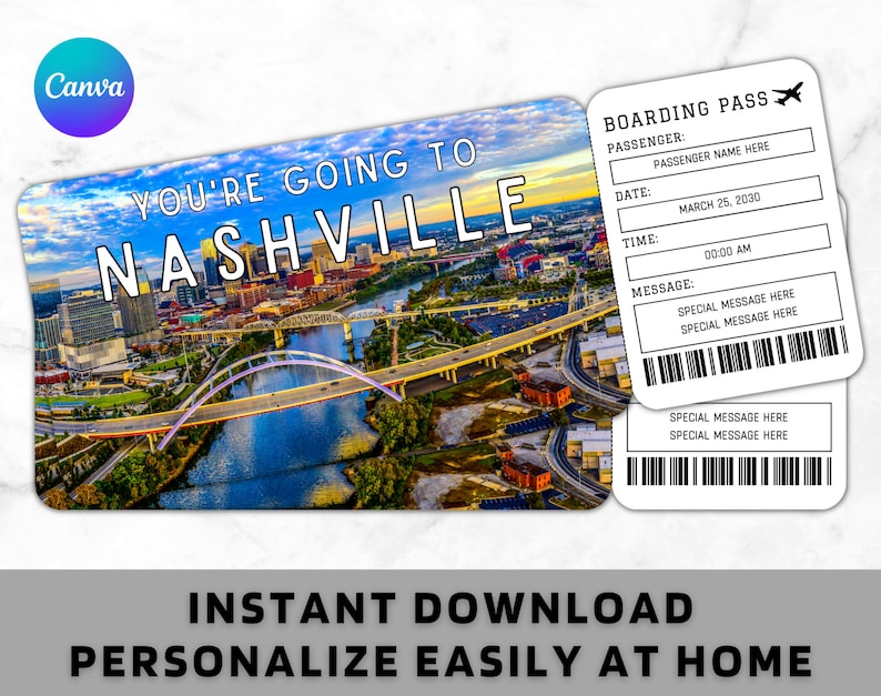 Nashville Boarding Pass Ticket Template Printable Gift Etsy