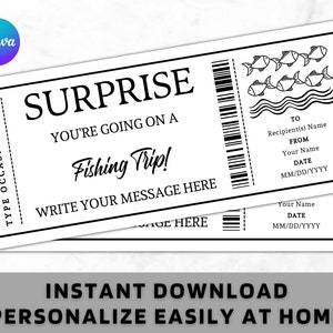 Surprise Fishing Trip Ticket Certificate Voucher Card Template - Printable Any Occasion Gift Idea - Editable Fishing Coupon