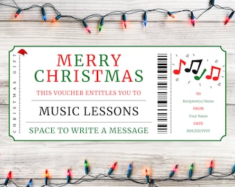 Christmas Music Lessons Gift Ticket - Christmas Music Lessons Gift Card Certificate - Printable Xmas Gift Template - Instant Download