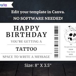 Birthday Tattoo Gift Ticket Birthday Tattoo Gift Voucher Card Certificate Printable Birthday Gift Template Instant Download image 2