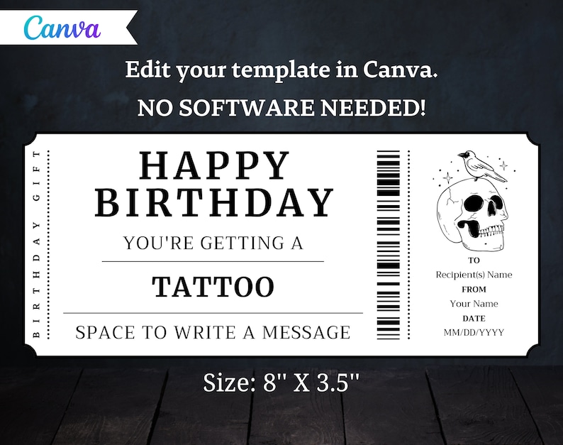 Birthday Tattoo Gift Ticket Birthday Tattoo Gift Voucher Card Certificate Printable Birthday Gift Template Instant Download image 2