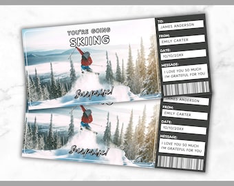 Skiing Ticket Template - Skiing Gift Voucher Template - Snow Trip Coupon Certificate Card - Ski Lodge - Editable - Printable - Personalized