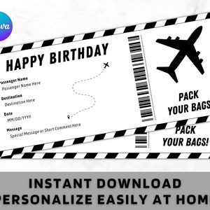 Modello di carta d'imbarco di compleanno Biglietto aereo per viaggio a sorpresa regalo di compleanno Coupon carta voucher biglietto aereo falso Download istantaneo immagine 1