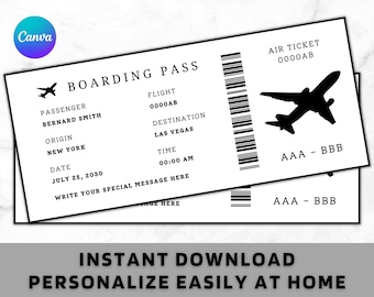 May include: A black and white boarding pass with the text "BOARDING PASS" and "AIR TICKET". The pass includes flight details, passenger name, destination, origin, date, and time. The image also includes the text "INSTANT DOWNLOAD PERSONALIZE EASILY AT HOME".