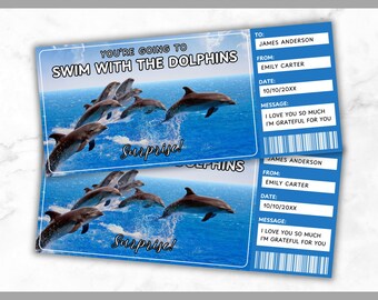 Plantilla de boleto para nadar con delfines - Vale de regalo para nadar con delfines - Tarjeta con certificado y cupón para experiencia con delfines - Editable - Imprimible