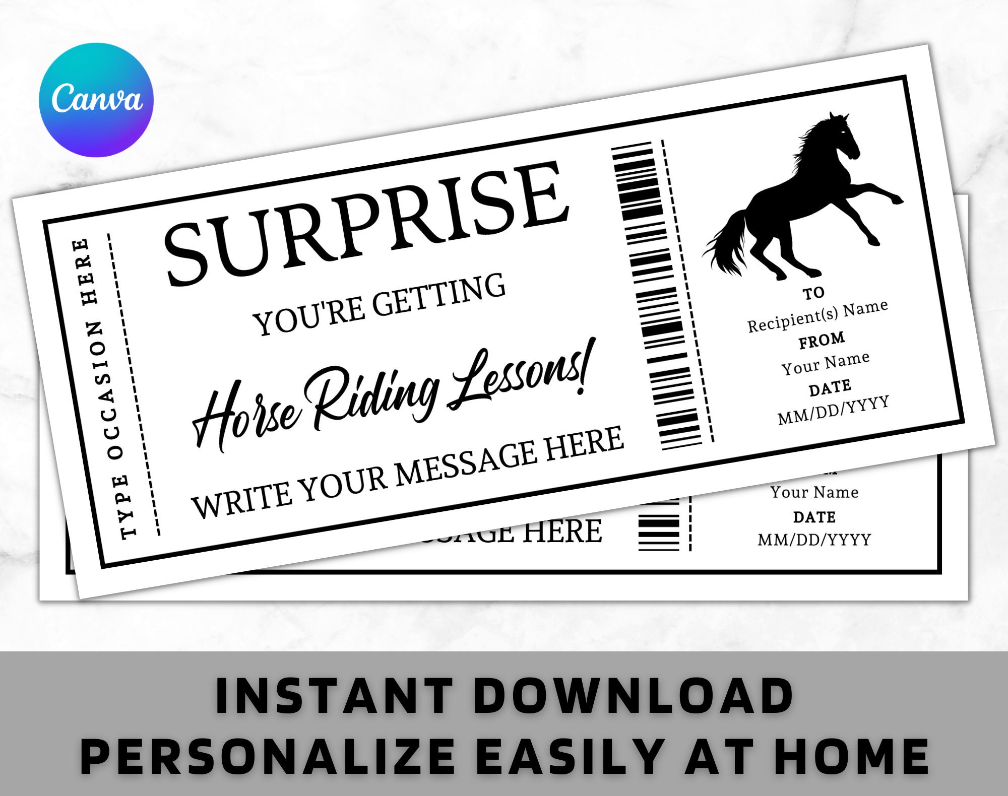 Surprise Horse Riding Lessons Ticket Certificate Voucher Card Template - Printable Any Occasion Gift Idea - Editable Horseback Coupon - Etsy surprise-horse-riding-lessons-ticket-certificate-voucher-card-template-printable-any-occasion-gift-idea-editable-horseback-coupon-etsy