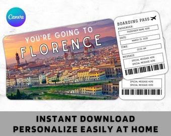 Florence Boarding Pass Ticket Template - Printable Gift Airplane Airline Flight Ticket - Surprise Florence Trip Vacation Holiday Ticket