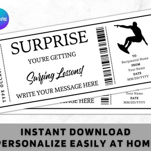 Surprise Surfing Lessons Ticket Certificate Voucher Card Template - Printable Any Occasion Gift Idea - Editable Learn to Surf Coupon