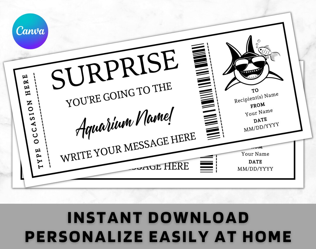 Surprise Aquarium Ticket Certificate Voucher Card Template Printable