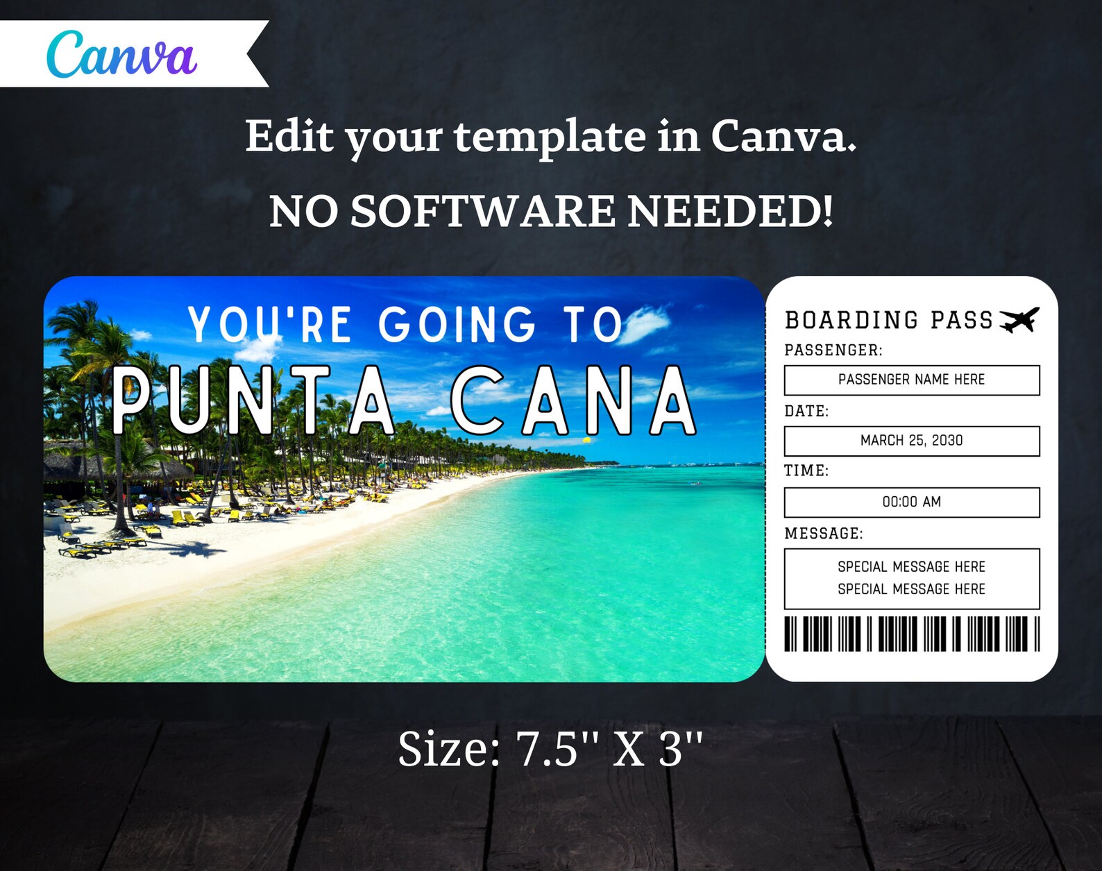Punta Cana Boarding Pass Ticket Template - Printable Gift Airplane ...