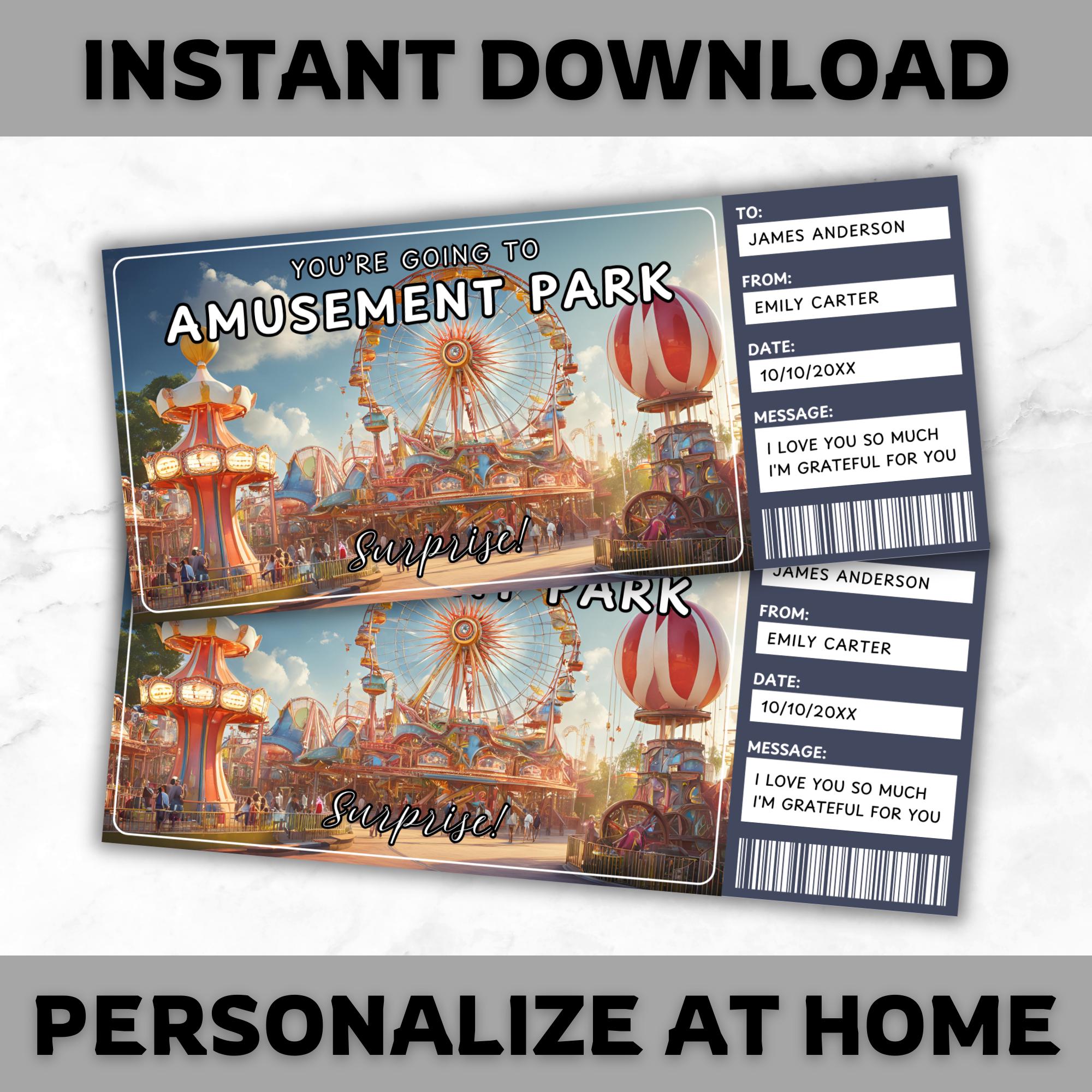 Amusement Park Ticket Template - Amusement Park Visit Gift Voucher - Rollercoaster Coupon Certificate Card - Editable - Printable