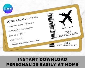 May include: Two gold-bordered boarding passes with black text and a black airplane graphic. The passes include fields for passenger name, destination, date, time, and a special message. The text "INSTANT DOWNLOAD PERSONALIZE EASILY AT HOME" is at the bottom.