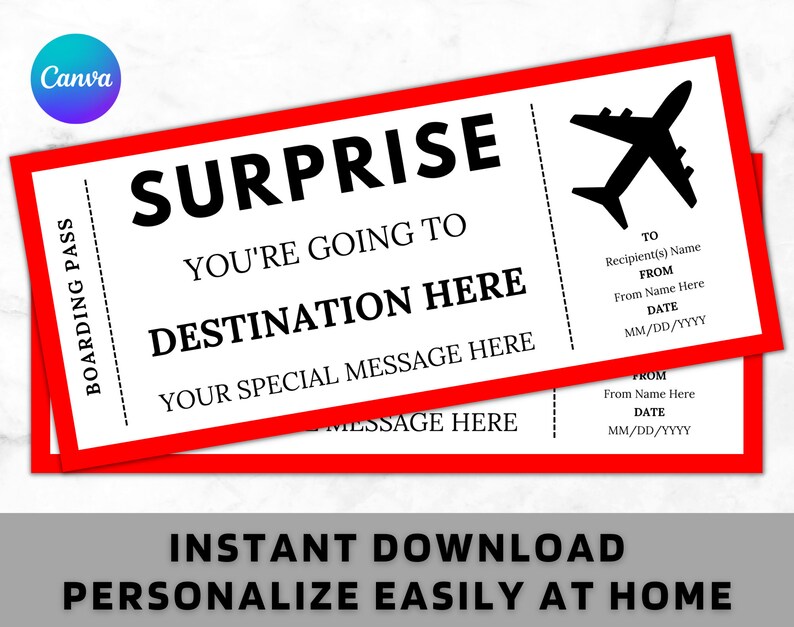 Printable Airline Surprise Trip Gift Ticket Surprise Trip Announcement