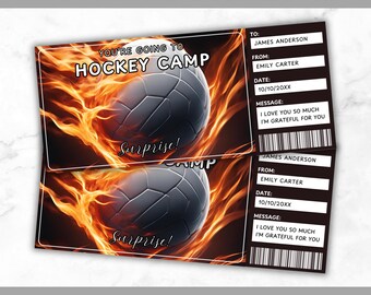 Plantilla de boleto para campamento de hockey - Vale de regalo para campamento de hockey - Tarjeta de certificado con cupón para campamento de hockey - Campamento de entrenamiento - Editable - Imprimible