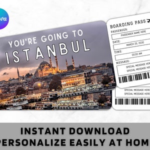 Modelo de bilhete de embarque de Istambul - Presente para impressão Bilhete de avião de avião - Surpresa Viagem de Istambul Bilhete de férias