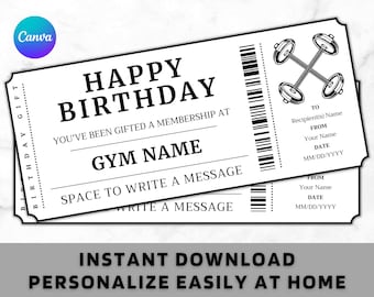 Birthday Gym Membership Gift Ticket, Birthday Workout Fitness Pass Gift Card Certificate, Printable Birthday Gift Template, Instant Download