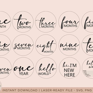 Marcadores de hitos mensuales del bebé Svg, hitos mensuales del bebé, archivos digitales para láser, archivo de corte Glowforge, archivo digital Cricut