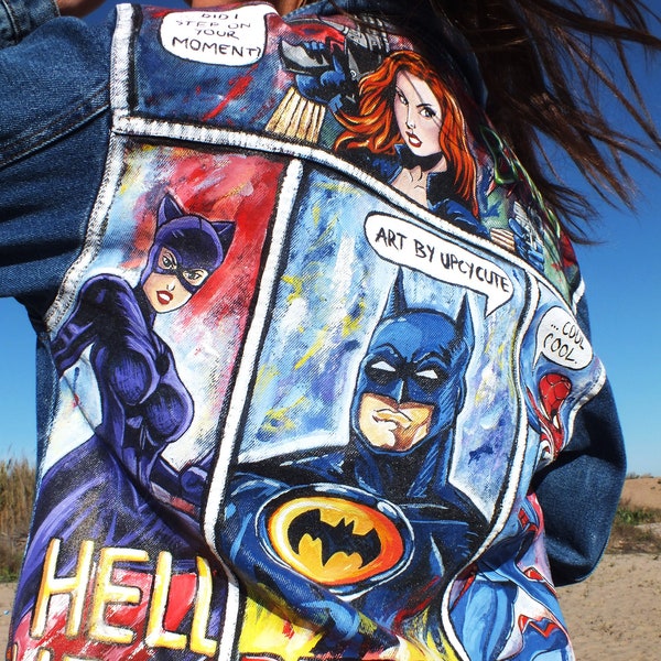 Peint à la main Denim Super Heroes vintage Jean Jacket Comic Fan Art