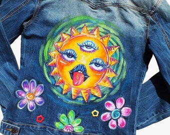 Hand Painted Denim Jacket Psychedelic Sun Andrexx Jean Jacket
