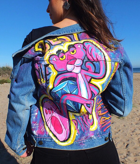 Hand Painted Denim Jacket Pink Panther Jean Jacket Etsy Canada
