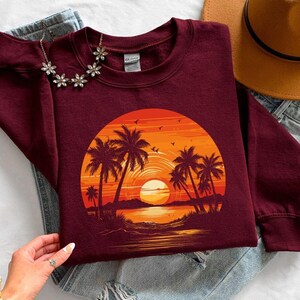Vintage Sunset Beach Sweatshirt, Retro Palm Tree Sunset Sweatshirt, Tropical Vacation Crewneck, Aesthetic Cruise Sweatshirt