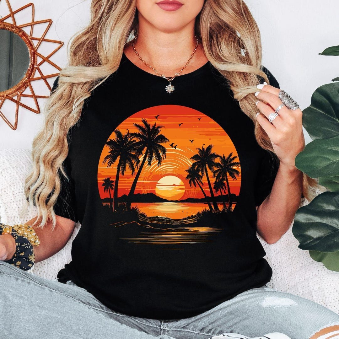 Vintage Sunset Beach Shirt, Retro Palm Tree Graphic Tee, Tropical ...