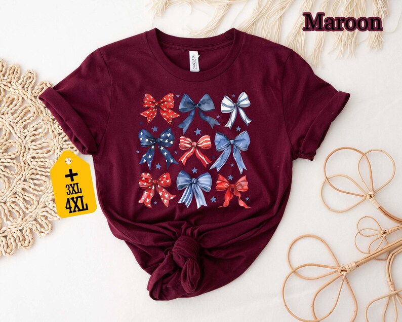 Patriotic Bow Shirt, USA Red White Blue Tee, 4th of July Graphic Shirt, Cute America Summer Outfit, Women's Patriotic T-Shirt bild 4