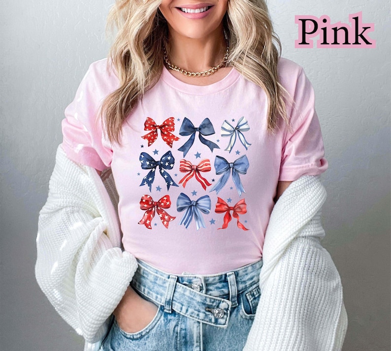 Patriotic Bow Shirt, USA Red White Blue Tee, 4th of July Graphic Shirt, Cute America Summer Outfit, Women's Patriotic T-Shirt bild 5