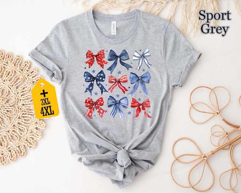 Patriotic Bow Shirt, USA Red White Blue Tee, 4th of July Graphic Shirt, Cute America Summer Outfit, Women's Patriotic T-Shirt bild 7