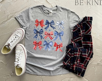 Patriotic Bow Shirt, USA Red White Blue Tee, 4th of July Graphic Shirt, Cute America Summer Outfit, Women's Patriotic T-Shirt