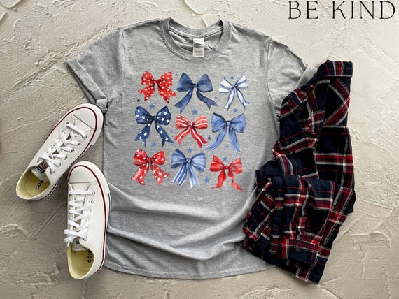 Patriotic Bow Shirt, USA Red White Blue Tee, 4th of July Graphic Shirt, Cute America Summer Outfit, Women's Patriotic T-Shirt