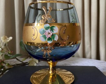 Vintage Murano Czech Bohemian Style Cognac or Brandy Snifter, 1960s or 1970s, Blue and Gold with Enamel Flowers, Made in Italy