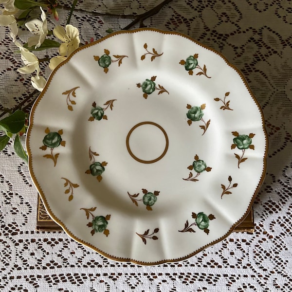 Set of Six Cauldon England Salad or Dessert Plates, Imported by Gilman Collamore & Co., Green Roses and Gold Accents, Early 1900s