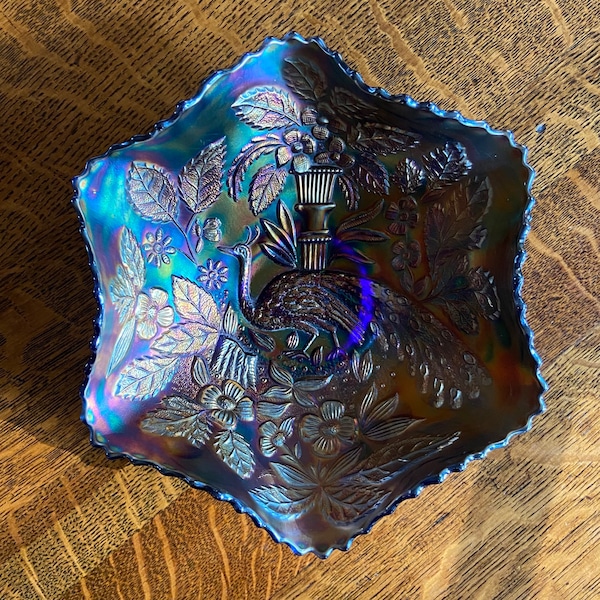 Fenton Carnival Glass Bowl, Blue Peacock and Urn, Early 1900s