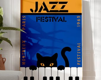 Vintage Jazz Festival Poster: Retro Music Print with Cat (Digital Download)