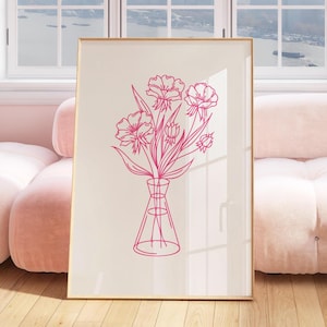 Arte de pared rosa imprimible, impresión de naturaleza muerta floral, impresión de arte de pared de ramo de flores, dibujo artístico para decoración de apartamentos, impresión de arte de línea fina estética
