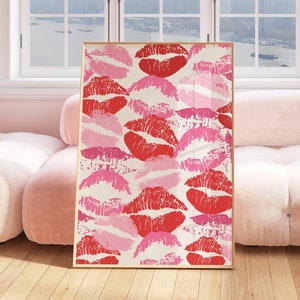 Besos de lápiz labial de moda impresión Y2k funky Wall Art Pink Red boca besos cartel, Arte de pared digital moderno Mujer impresión digital Impresión de beso francés