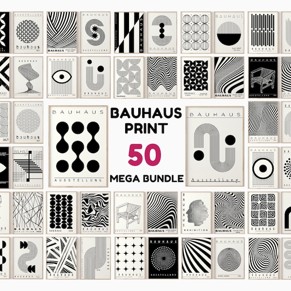 50+ Bauhaus Poster Prints - Schwarz Weiß Bauhaus Wanddrucke - Geometrischer Druck - Galerie Wand Set - Boho Wand Kunst - Büro Wand Dekor