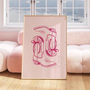 Coquette Bow Cowgirl Boots Print Pink Coastal Cowgirl Wall Art, Trendy Print Dorm Decor Girly Western Print College Apartment Aesthetic