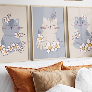 Boho Cats Art Print Set, Cats Flowers Print Illustration Prints, wall art illustration, Cat Wall Decor, Home Decor, Cat artwork, art prints
