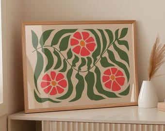 Stampa botanica in stile Matisse: arte astratta verde e rossa (download digitale)